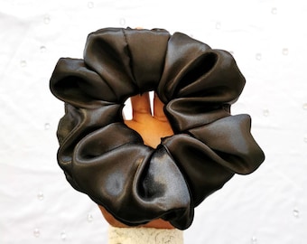 Big Black Scrunchie - Black Satin Scrunchie, Black Silky Hair Tie, Cute Hair Accessory, Large Ponytail Holder