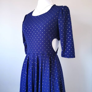 Heart Cut Out Sides Skater Dress Studded Navy Blue Dress with Sleeves, Slow Fashion, Feminine Clothing, One of a Kind Size Small image 6