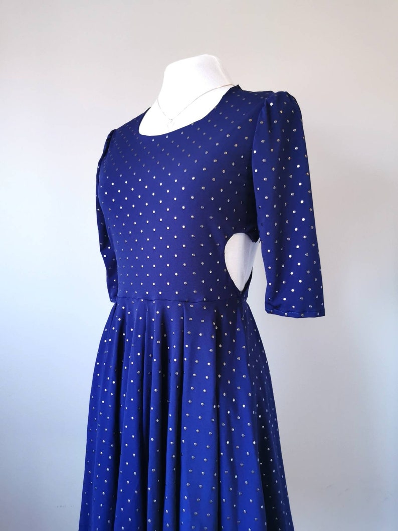 Heart Cut Out Sides Skater Dress Studded Navy Blue Dress with Sleeves, Slow Fashion, Feminine Clothing, One of a Kind Size Small image 6