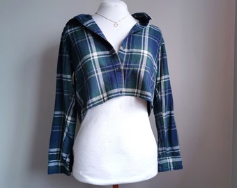 Forest Green Cropped Plaid Shirt - Upcycled Thrift Find, Fall Fashion Flannel Shirt, Size Small/Medium