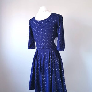 Heart Cut Out Sides Skater Dress Studded Navy Blue Dress with Sleeves, Slow Fashion, Feminine Clothing, One of a Kind Size Small image 5