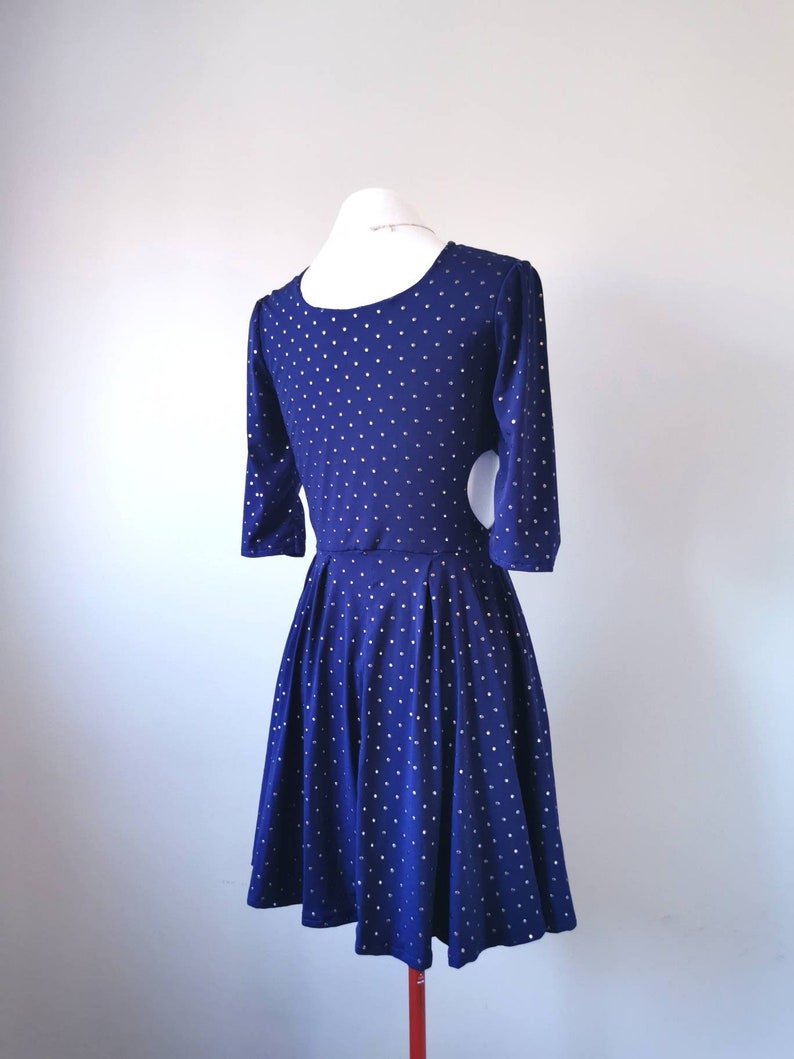 Heart Cut Out Sides Skater Dress Studded Navy Blue Dress with Sleeves, Slow Fashion, Feminine Clothing, One of a Kind Size Small image 5