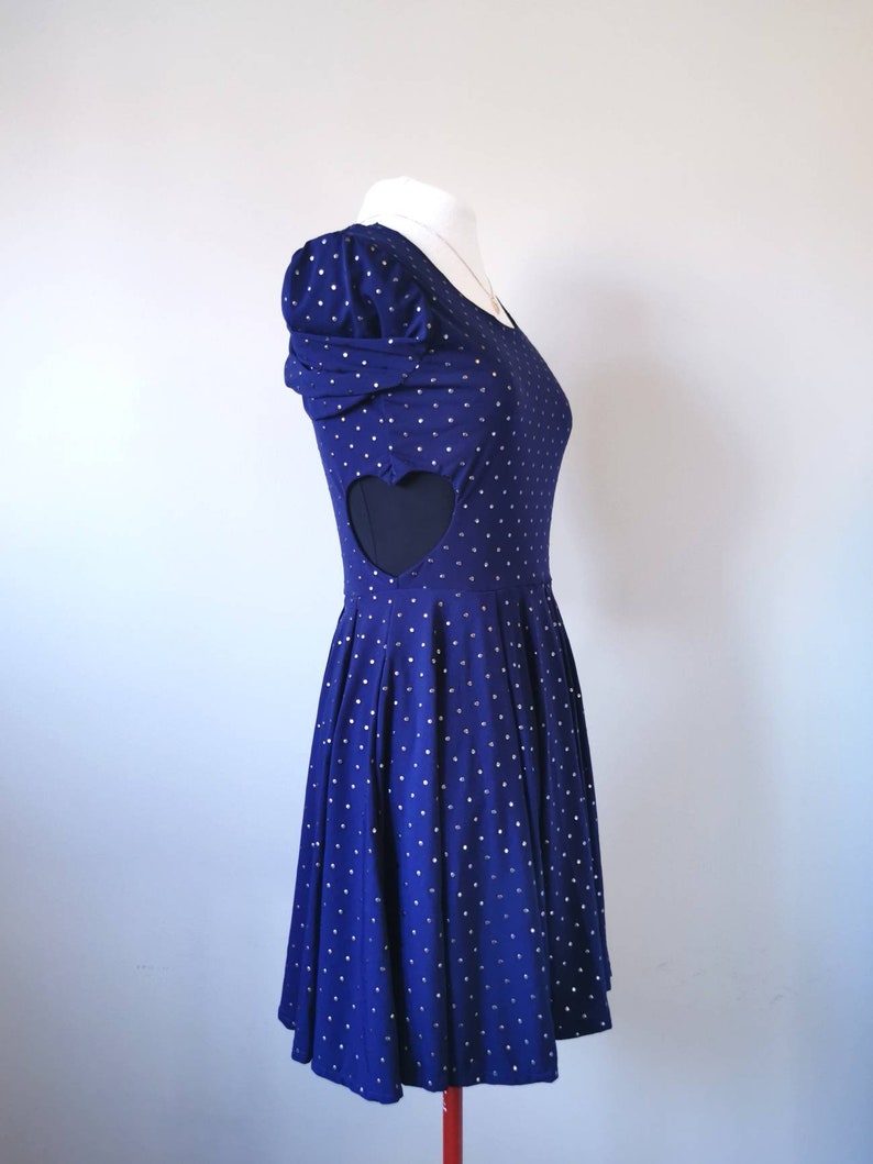 Heart Cut Out Sides Skater Dress Studded Navy Blue Dress with Sleeves, Slow Fashion, Feminine Clothing, One of a Kind Size Small image 7
