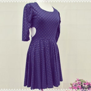 Heart Cut Out Sides Skater Dress Studded Navy Blue Dress with Sleeves, Slow Fashion, Feminine Clothing, One of a Kind Size Small image 10