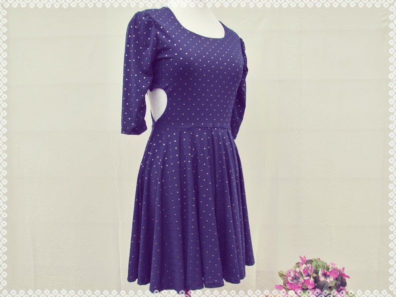 Heart Cut Out Sides Skater Dress Studded Navy Blue Dress with Sleeves, Slow Fashion, Feminine Clothing, One of a Kind Size Small image 10
