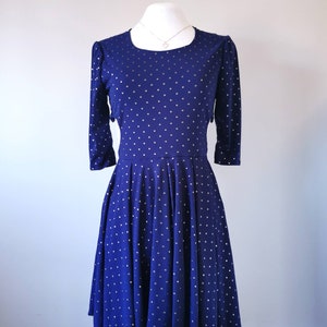 Heart Cut Out Sides Skater Dress Studded Navy Blue Dress with Sleeves, Slow Fashion, Feminine Clothing, One of a Kind Size Small image 4