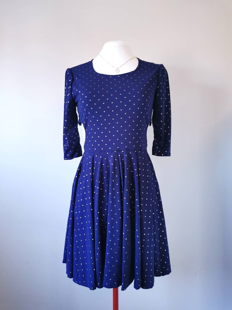 Heart Cut Out Sides Skater Dress Studded Navy Blue Dress with Sleeves, Slow Fashion, Feminine Clothing, One of a Kind Size Small image 4