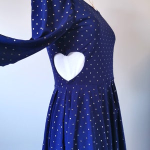 Heart Cut Out Sides Skater Dress Studded Navy Blue Dress with Sleeves, Slow Fashion, Feminine Clothing, One of a Kind Size Small image 2