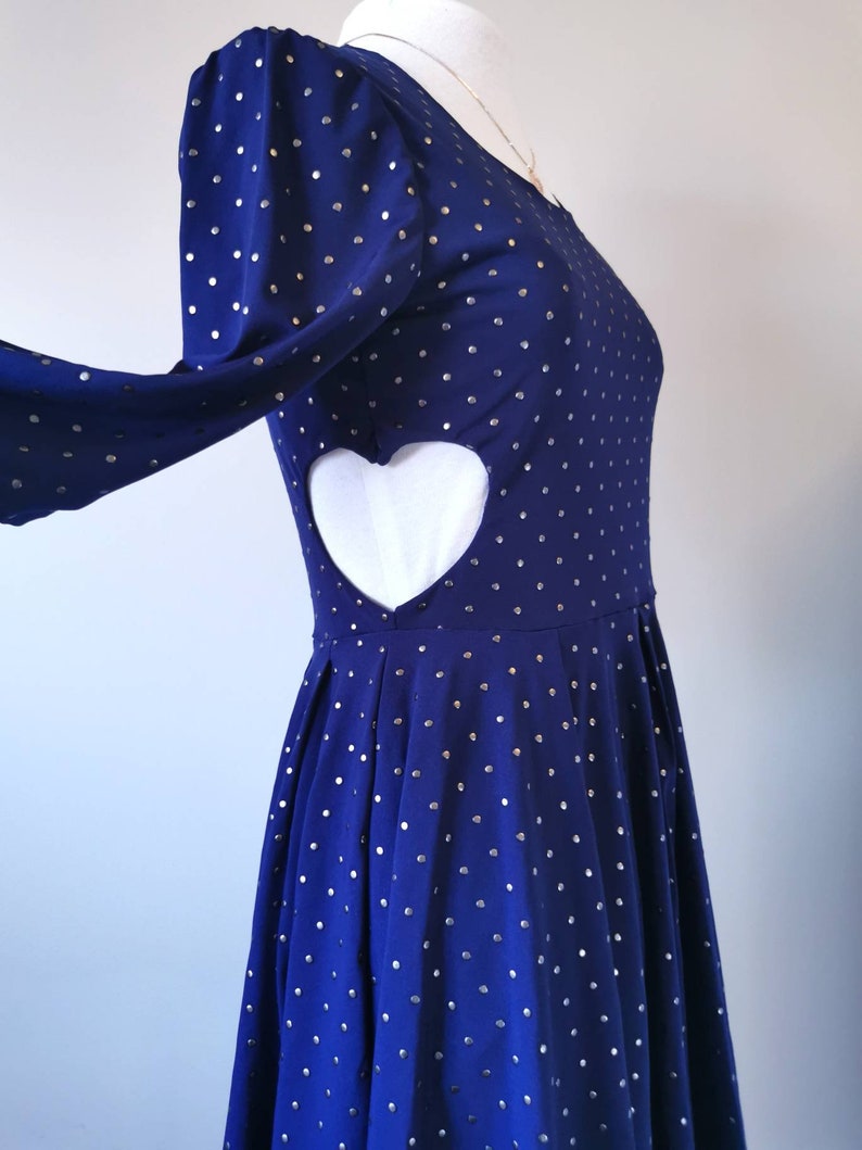 Heart Cut Out Sides Skater Dress Studded Navy Blue Dress with Sleeves, Slow Fashion, Feminine Clothing, One of a Kind Size Small image 2