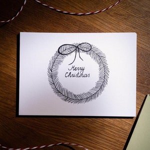 Cartão de Natal para impressão, Cartão de Feliz Natal, Cartão de Natal ilustrado à mão, Ilustração de coroa de Natal, Cartão de Natal minimalista