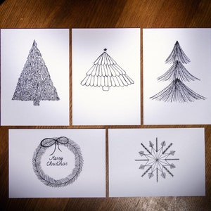 Set di 5 biglietti di Natale stampabili, biglietti di auguri, biglietti di Natale illustrati a mano, biglietti di Natale minimalisti, pacchetto di biglietti di Natale da 5