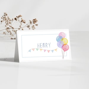 Cartão de lugar de aniversário para impressão, download instantâneo, cartão de nome de aniversário colorido, modelo digital, modelo de cartão de lugar, cartões de mesa editáveis