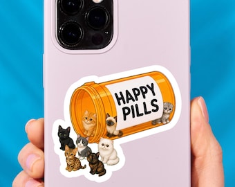 Funny Cat Happy Pills Kiss Cut Sticker, Cute Pet Decal for Laptop