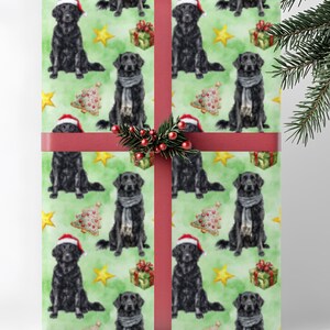 Flat-Coated Retriever Christmas Wrapping Paper, Dog Lover, Holiday Gift Wrap Roll, Pet Owner Xmas Papers, Green Watercolor