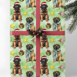 Leonberger Dog Christmas Wrapping Paper, Miłośnik psów, Rolka do pakowania prezentów świątecznych, Papiery świąteczne dla właścicieli zwierząt domowych, Zielona akwarela