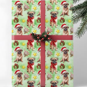 Carta da regalo natalizia "Griffon" di Bruxelles, per amanti dei cani, rotolo di carta da regalo natalizia, carta da regalo natalizia per proprietari di animali domestici, acquerello verde