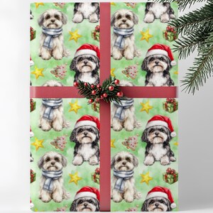 Papier do pakowania prezentów świątecznych Lhasa Apso Dog, Miłośnik psów, Rolka do pakowania prezentów świątecznych, Papiery świąteczne dla właścicieli zwierząt domowych, Zielona akwarela