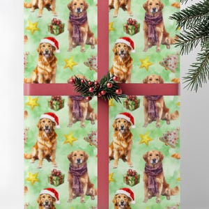 Golden Retriever Christmas Wrapping Paper, Dog Lover, Holiday Gift Wrap Roll, Pet Owner Xmas Papers, Green Watercolor