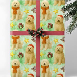 Papier do pakowania prezentów świątecznych Komondor Dog, Miłośnik psów, Rolka do pakowania prezentów świątecznych, Papiery świąteczne dla właścicieli zwierząt domowych, Zielona akwarela