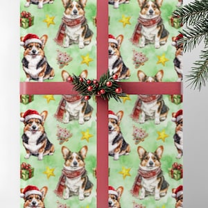 Pembroke Welsh Corgi Christmas Wrapping Paper, Tricolor Corgi Dog Lover, Holiday Gift Wrap Roll, Pet Owner Xmas Papers, Green Watercolor