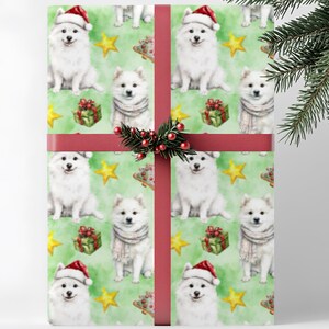 Carta da regalo natalizia con motivo Spitz giapponese, per amanti dei cani, rotolo di carta da regalo natalizia, carta da regalo natalizia per proprietari di animali domestici, acquerello verde
