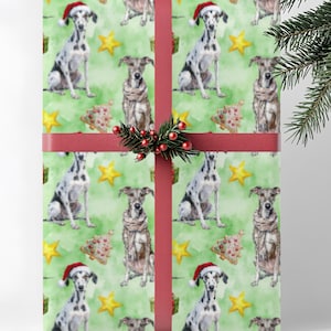 Carta da regalo natalizia Greyhound, per amanti dei cani, rotolo di carta da regalo natalizia, carta da regalo natalizia per proprietari di animali domestici, acquerello verde