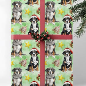 Papier do pakowania prezentów świątecznych dla psa rasy Greater Swiss Mountain Dog, miłośnik psów, rolka do pakowania prezentów świątecznych, papiery świąteczne dla właścicieli zwierząt domowych, zielona akwarela