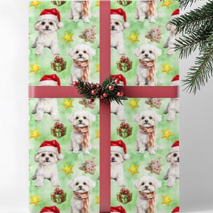 Carta da regalo natalizia a tema cane maltese, per amanti dei cani, rotolo di carta da regalo natalizia, carta da regalo natalizia per proprietari di animali domestici, acquerello verde