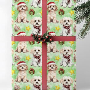 Maltipoo Dog Christmas Wrapping Paper, Dog Lover, Holiday Gift Wrap Roll, Pet Owner Xmas Papers, Green Watercolor, Maltepoo Moodle