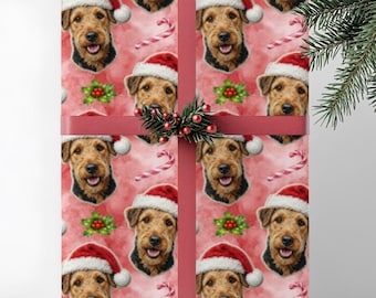 Airedale Terrier Dog Christmas Wrapping Paper, Yarn-Look Santa Hat Illustration