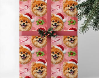 Pomeranian Dog Gift Wrap, Red or Orange Pom Christmas Wrapping Paper, Premium Pet Breed Holiday Series
