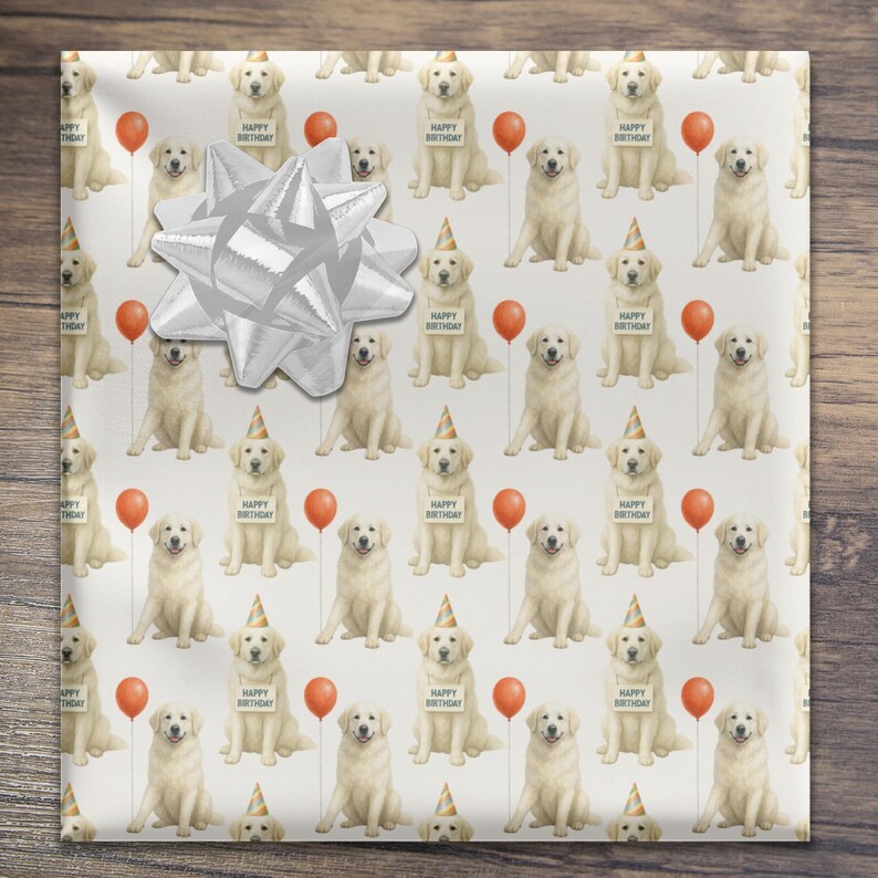 Great Pyrenees Birthday Wrapping Paper Roll, Pyr Dog Gift Wrap, Neutral Off-White Background image 11