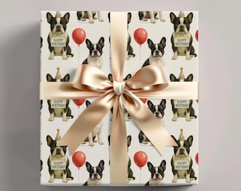 Französische Bulldogge Geburtstagspapierrolle, schwarz-weiße Frenchie-Hundegeschenkverpackung, neutraler cremefarbener Hintergrund