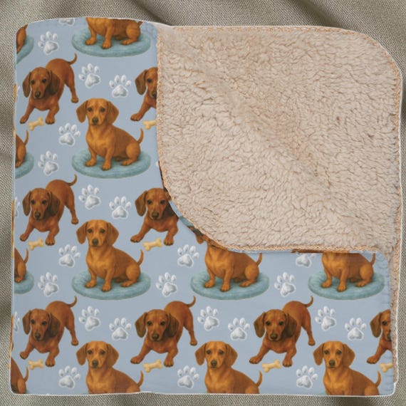 Dachshund Sherpa Blanket, Shorthaired Cute Dog Throw With Paw