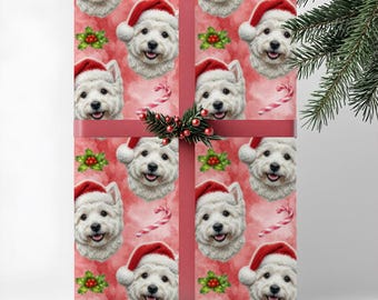Papel de embrulho para presente com tema de West Highland White Terrier, Papel de embrulho natalino para Westie, Série Premium de Presentes para Raças de Animais de Estimação.