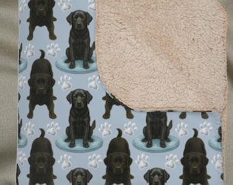 Black Lab Sherpa Blanket, Cute Labrador Retriever Dog Paw Print Throw, Cozy Gift for Dog Lovers, Warm Fleece Black Labrador Lap Cover
