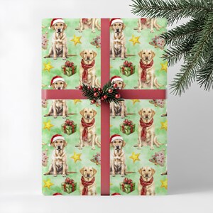 Yellow Labrador Retriever Dog Christmas Wrapping Paper, Dog Lover, Holiday Gift Wrap Roll, Pet Owner Xmas Papers, Green Watercolor