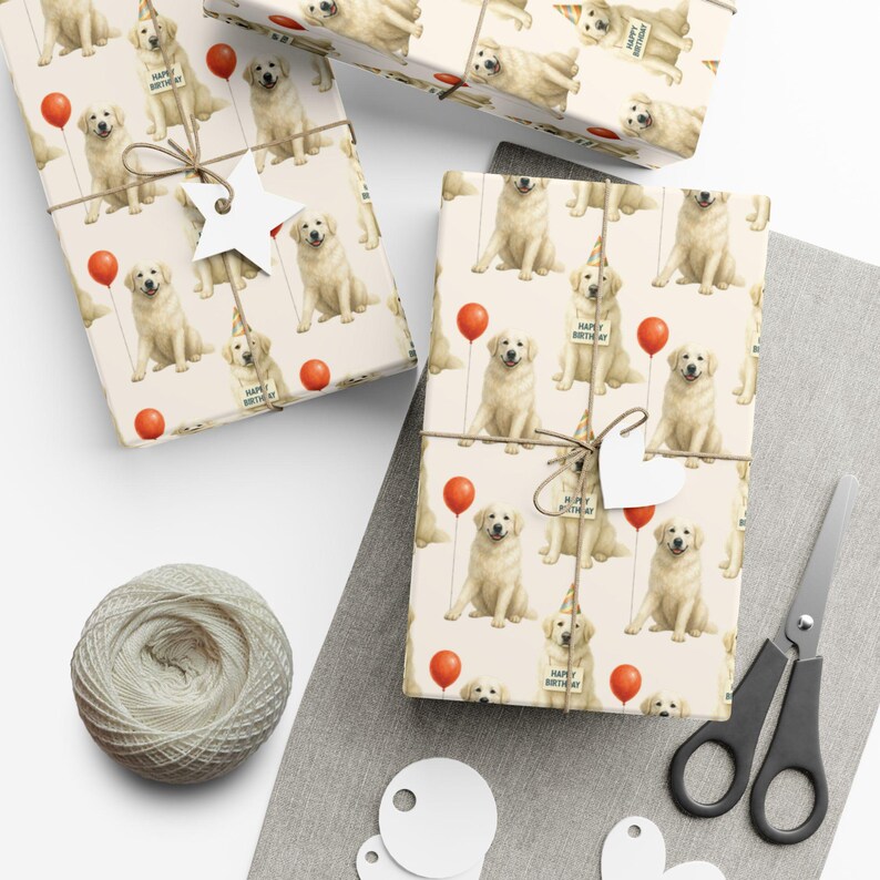 Great Pyrenees Birthday Wrapping Paper Roll, Pyr Dog Gift Wrap, Neutral Off-White Background image 8