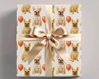 Französische Bulldogge Geburtstagspapierrolle, beige Frenchie Hundegeschenkverpackung, neutraler, cremefarbener Hintergrund