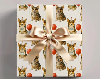 Pembroke Welsh Corgi Birthday Wrapping Paper Roll, Tricolor PWC Dog Gift Wrap, Neutral Off-White Background