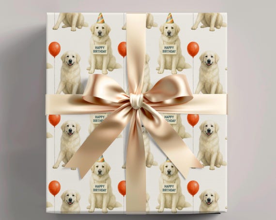 Great Pyrenees Birthday Wrapping Paper Roll, Pyr Dog Gift Wrap, Neutral Off-White Background