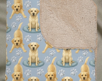 Yellow Lab Sherpa Blanket, Cute Labrador Retriever Dog Paw Print Throw, Cozy Gift for Dog Lovers, Warm Fleece Golden Labrador Lap Cover