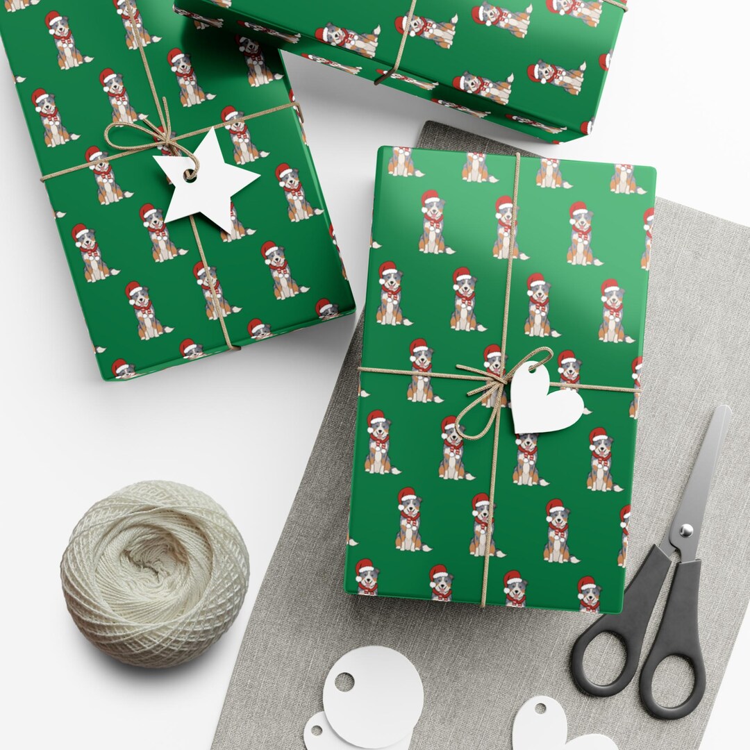 Aussie Australian Shepherd Dog Santa Green Christmas Gift Wrapping ...