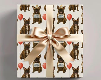Französische Bulldogge Geburtstagspapierrolle, Gestromte Frenchie Hundegeschenkverpackung, Neutraler, cremefarbener Hintergrund