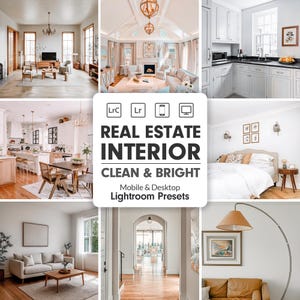 Op de afbeelding: Een collage van interieurontwerpafbeeldingen met verschillende kamers, waaronder woonkamers, keukens en slaapkamers. De afbeeldingen zijn helder en luchtig, met de nadruk op een strakke en moderne esthetiek. Tekstoverlay luidt "Real Estate Interior, Clean & Bright, Mobile & Desktop Lightroom Presets."