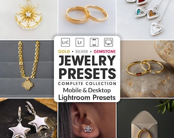 ジュエリーLightroomプリセット：モバイル＆デスクトップ｜ゴールド、シルバー、宝石フィルター25種類｜クリーンホワイトの商品写真