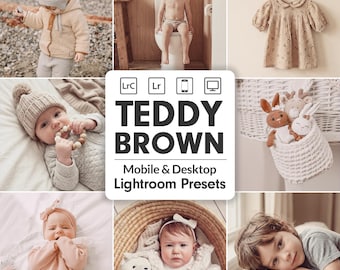テディブラウン Lightroom プリセット: 25 種類のソフトブラウン新生児フィルター、ウォームベージュクリーミートーン、ライトエアリー (モバイル + デスクトップ)