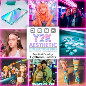 May include: A collage of images with a Y2K aesthetic. The central image features text that reads "Y2K Aesthetic Collection Pro" with "Mobile & Desktop Lightroom Presets." Other images include people, roller skates, and a holographic phone case.