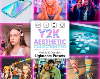 37 Y2K Lightroom プリセット モバイル デスクトップ | Instagram フィルターパック | 使い捨てカメラ 2000 年代風 | コンテンツクリエイター Chrome ホログラフィック DNG