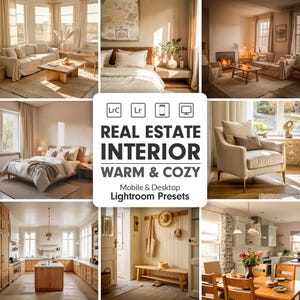 Könnte beinhalten: Eine Sammlung von Lightroom-Presets für Immobilienfotografie, die entwickelt wurden, um warme und gemütliche Innenbilder zu erstellen. Die Presets sind sowohl mit der mobilen als auch mit der Desktop-Version von Lightroom kompatibel.